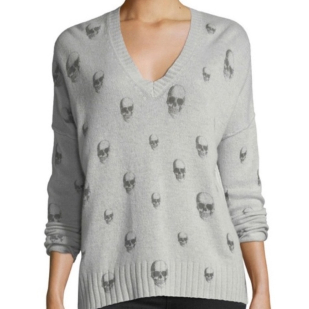 SKULL 100% Cashmere V Neck Gray/Black Sweater Sz M